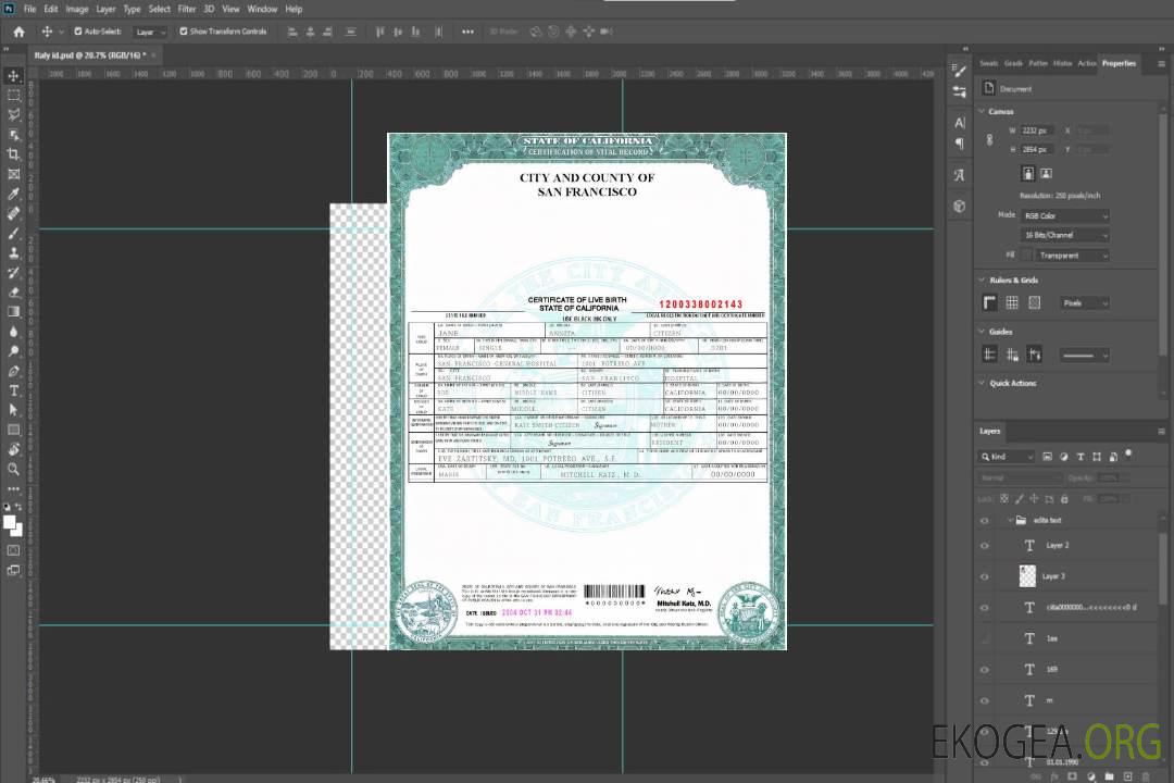 Modèle de certificat de naissance de l'État de Californie aux États-Unis au format PSD template Modèle de certificat de naissance de l'État de Californie aux États-Unis au format PSD template